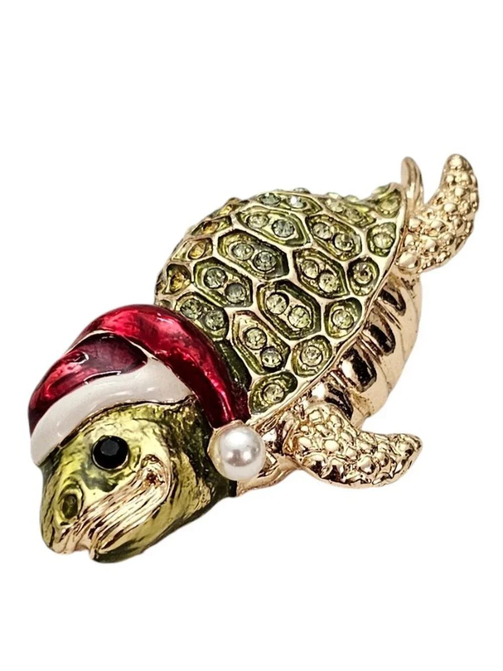 Green Rhinestone Christmas Sea Turtle Brooch Red Enamel Santa Hat L448